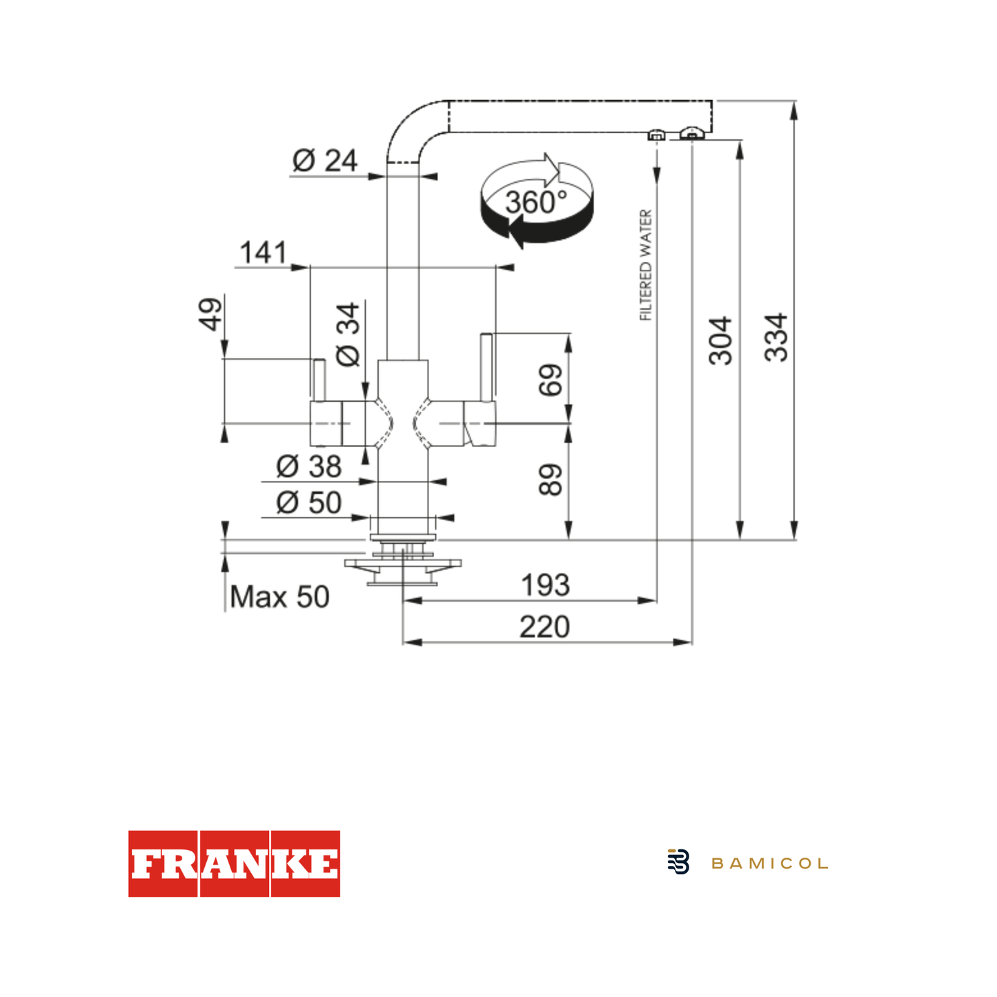 FRANKE- Grifo mezclador acero 3 vías - NEPTUNE CLEAR - 1150370689