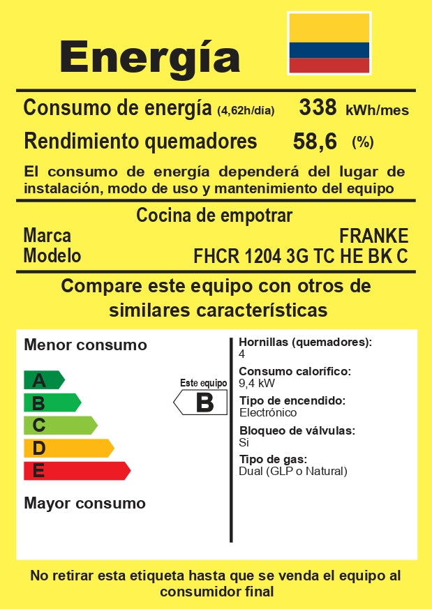 FRANKE (106.0374.292) FHCR 1204 3G TC HE BK C - Estufa de gas cristal Negro de 120 cm