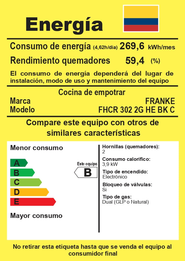 FRANKE (106.0374.278) FHCR 302 2G HE BK C -  Estufa modulo a gas cristal negro