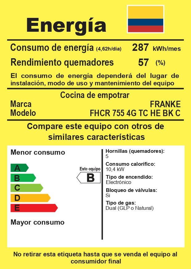 FRANKE (106.0374.283) FHCR 755 4G TC HE BK C - Estufa a gas cristal negro de 75cm